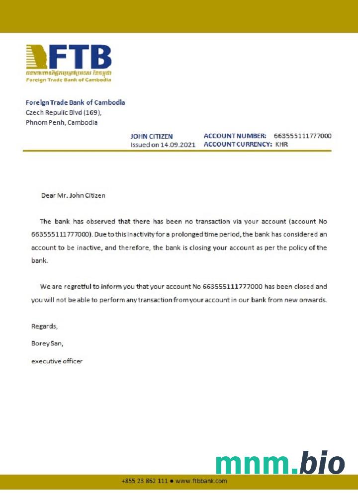 Przykład odniesienia do zamknięcia zagranicznego banku Kambodży w formatach Word i PDF